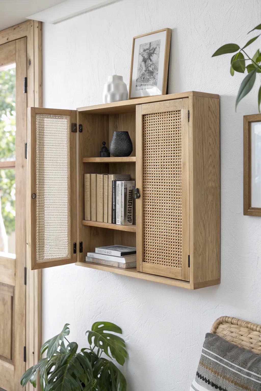 A wall-art oak panel that swings open to reveal a secret shelf—minimal, cozy, genius.