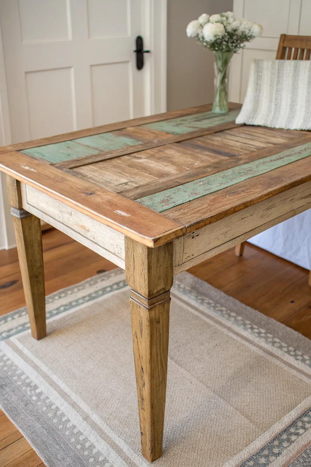 Reclaimed door tabletop, trimmed to fit—tiny kitchen table with charm, patina, and durability.