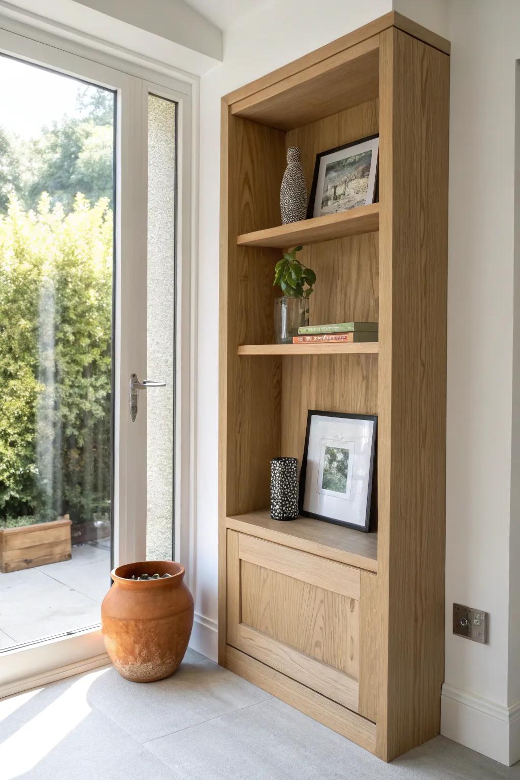 Hidden door niche shelf: sleek oak storage with a clean ledge for a plant and art.