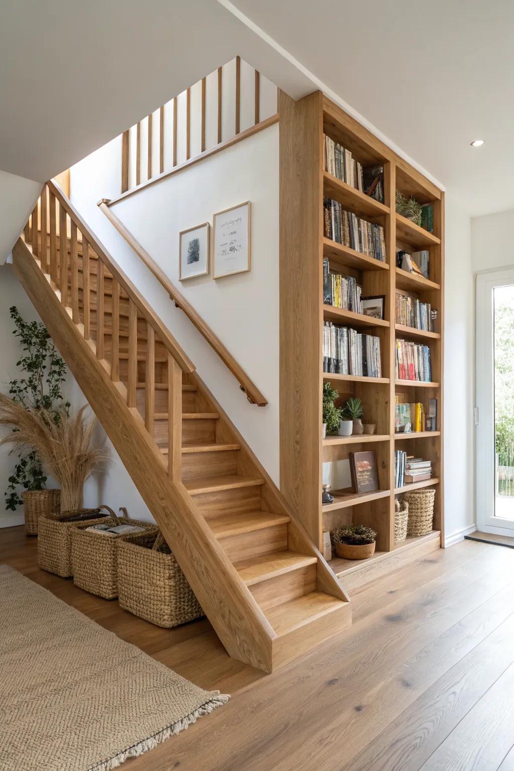Turn your new straight stair into a warm oak bookshelf wall—storage and style in one.