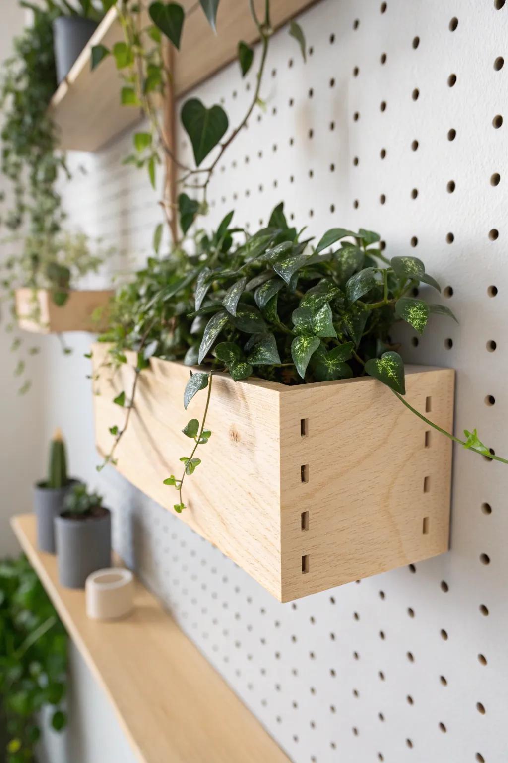 A removable mini plant box on a pegboard wall—swap greenery anytime for a fresh look.