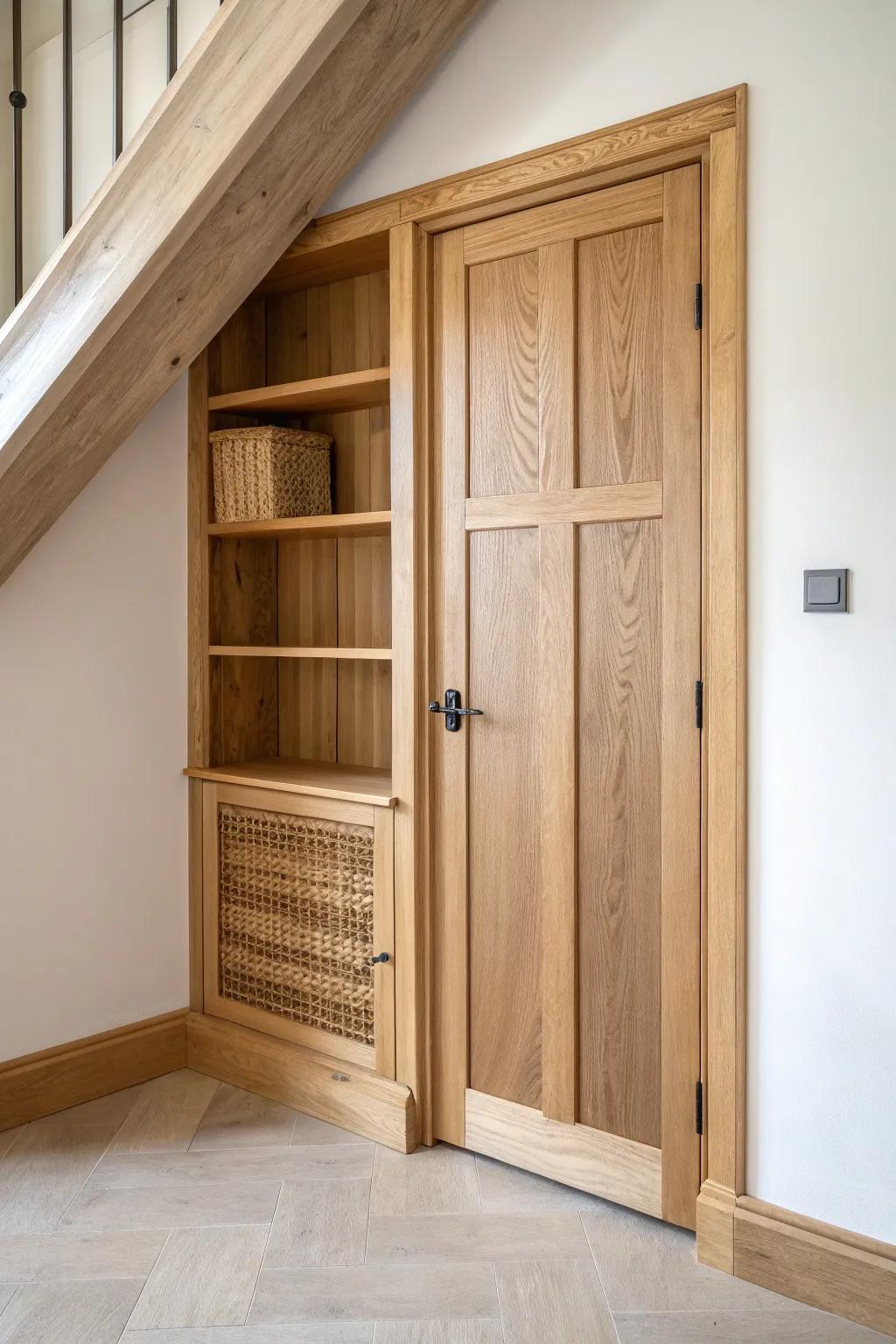 A secret bookcase-style treehouse door in pale oak—minimal, magical, and beautifully crafted.