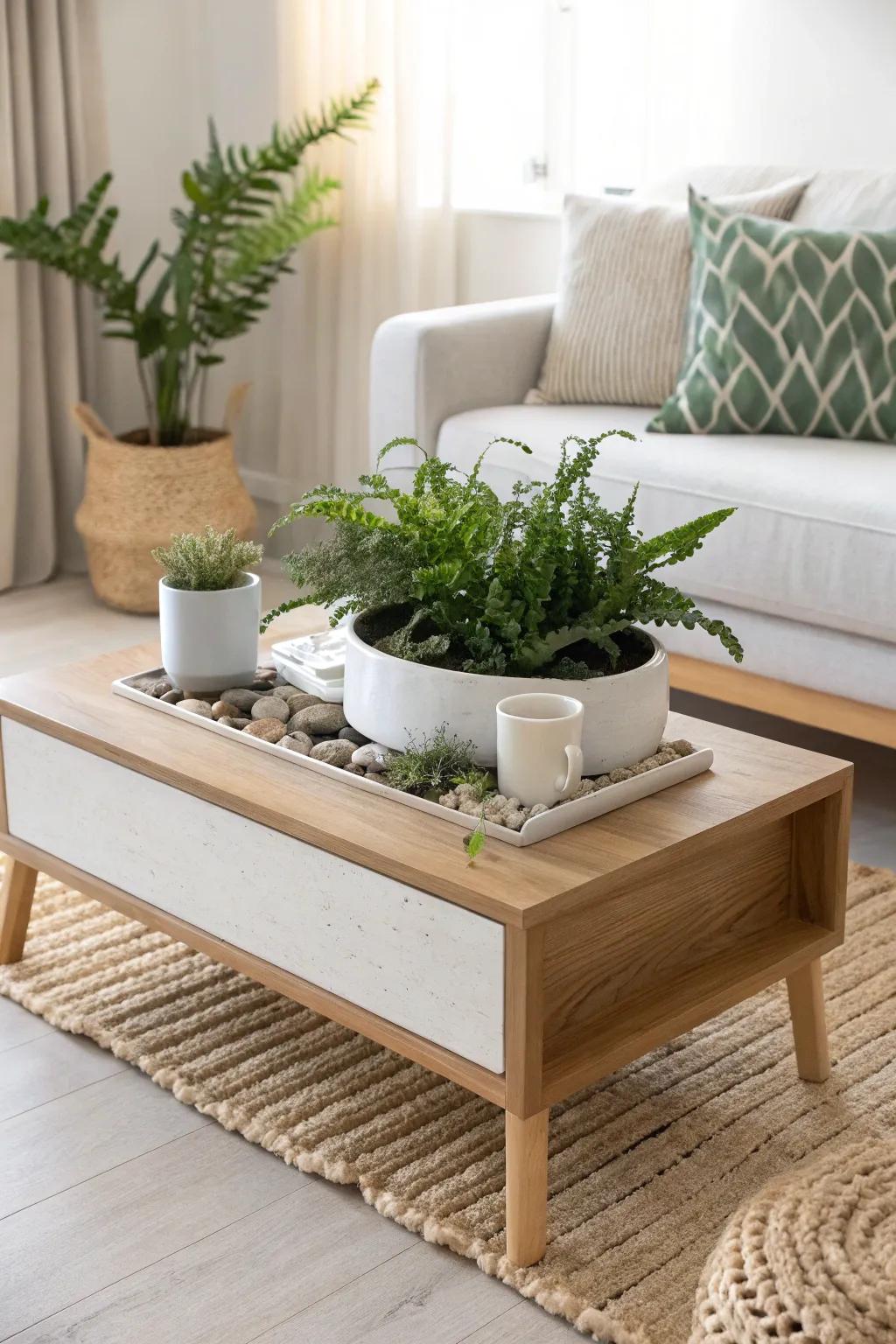 A coffee table that doubles as a planter—real greenery, clean lines, easy removable liner.
