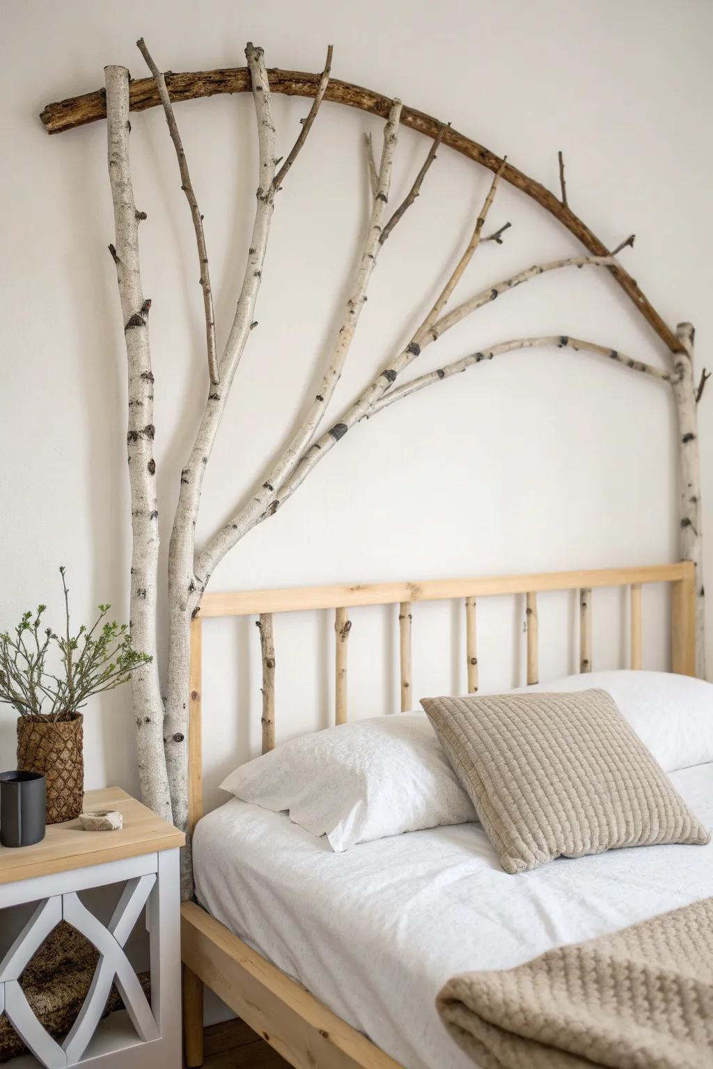Birch branches sketched in 3D: an airy, rustic headboard outline with Scandinavian calm.