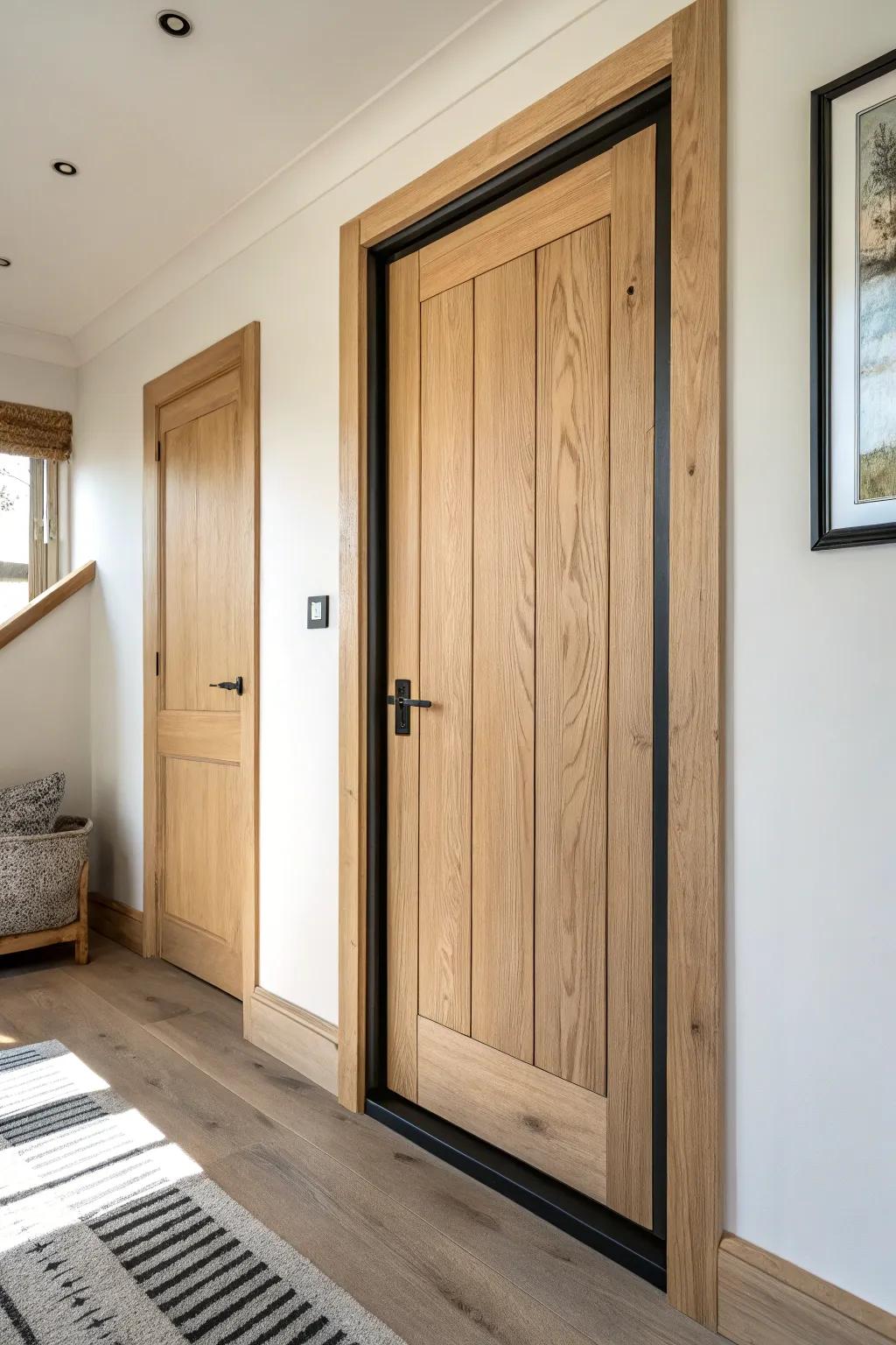 Light oak door framed in matte black trim—simple contrast for a modern cabin vibe.