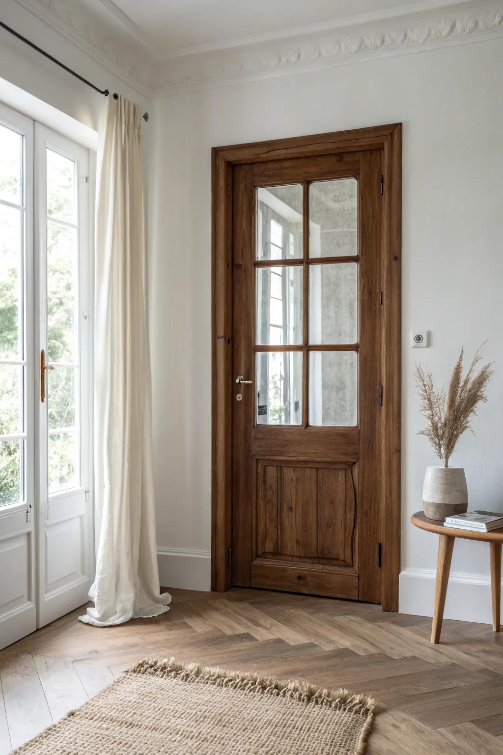 A dark stained wood French door with clear glass—warm, timeless contrast for airy rooms.