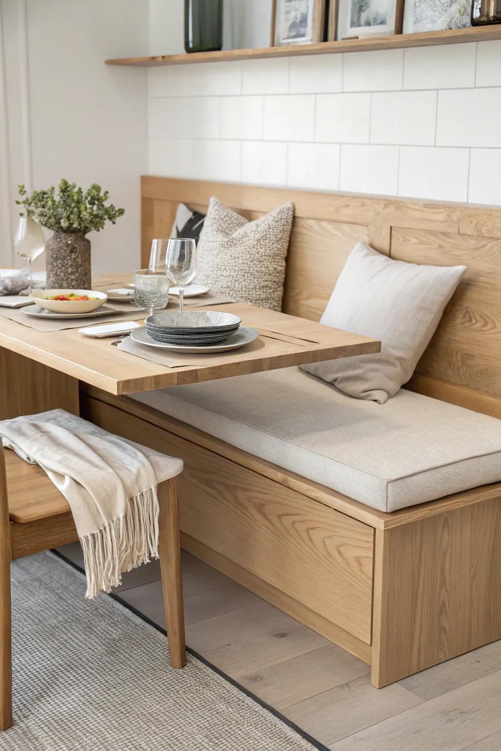 Pale-wood Japandi banquette with hidden storage—clean lines, cozy cushions, calm contrast.