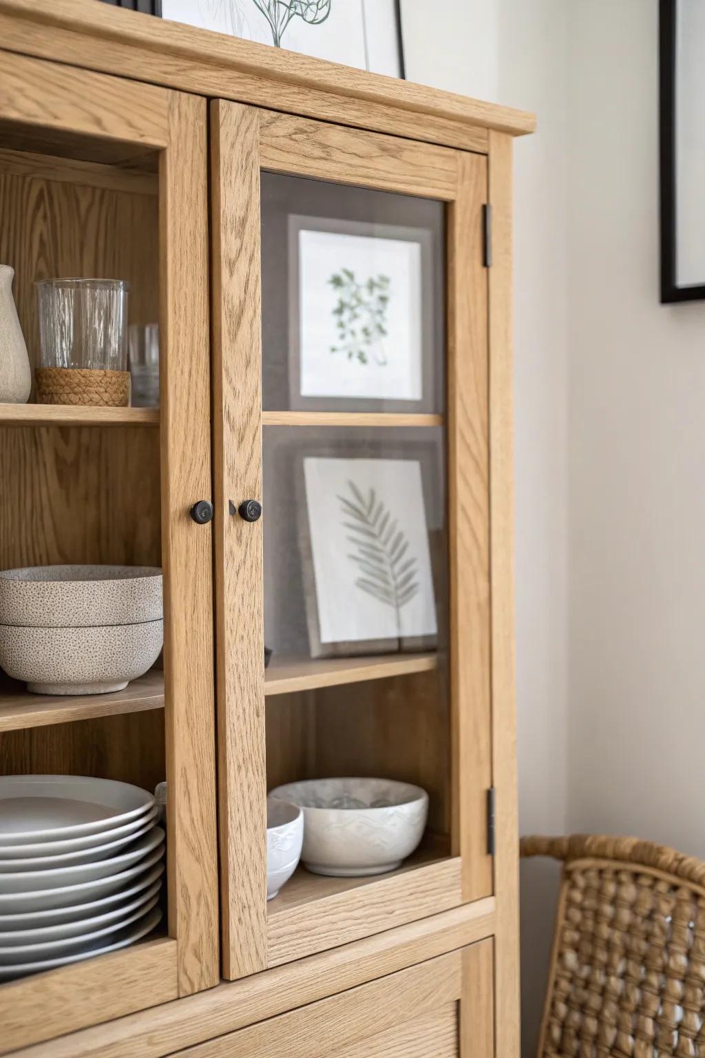 Turn your glass-front cabinet into a mini gallery—art behind dishes for a curated, cozy look.