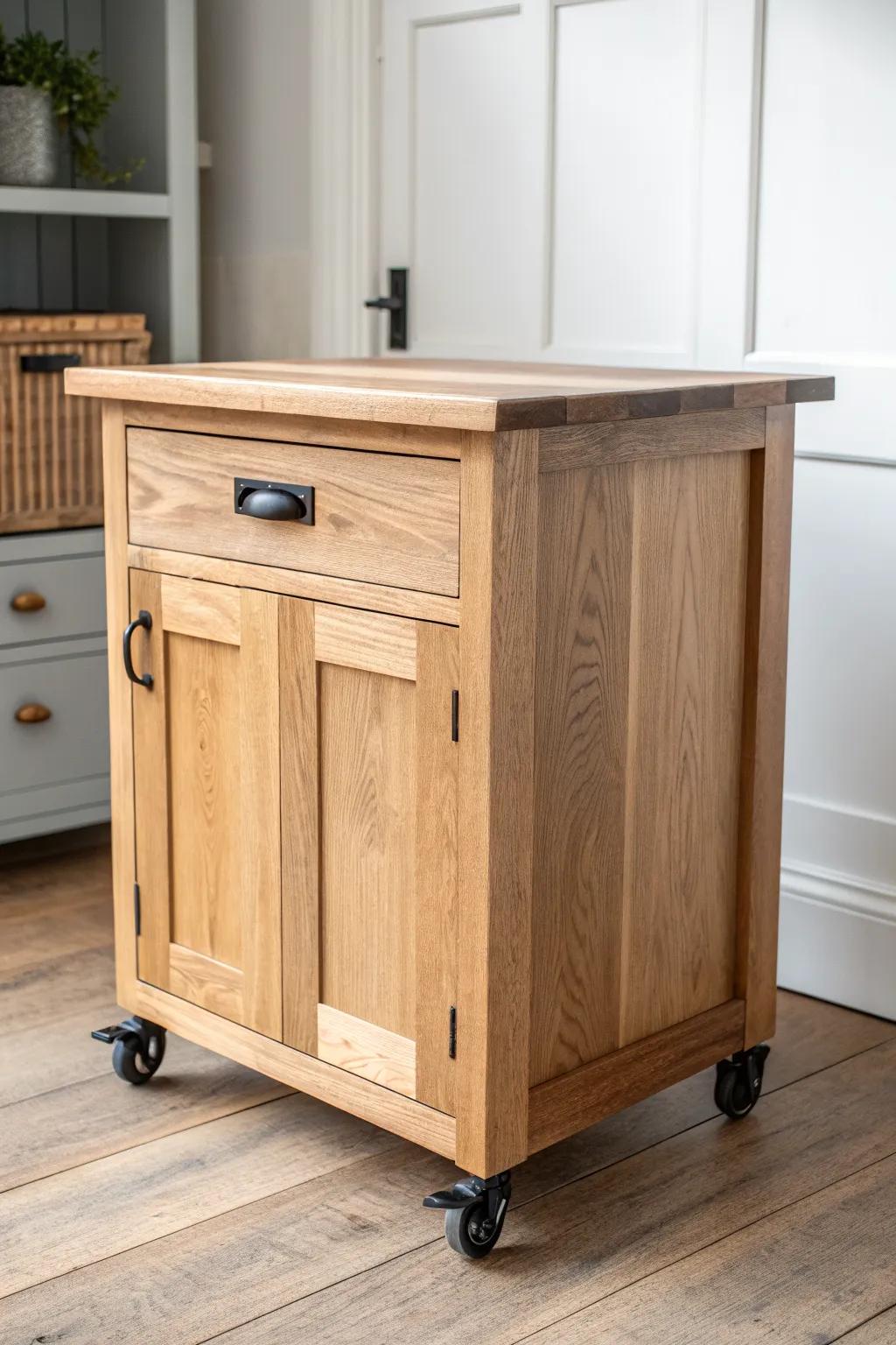 A handcrafted rolling island with cabinets—extra storage and prep space that moves with you.