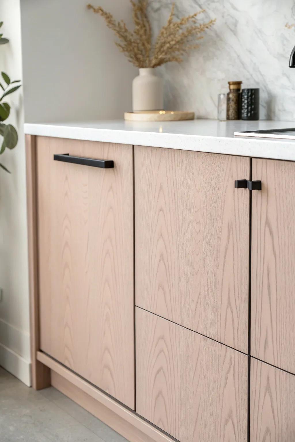 Dusty blush-beige cabinets + white counters + black pulls: modern, soft, and neutral.
