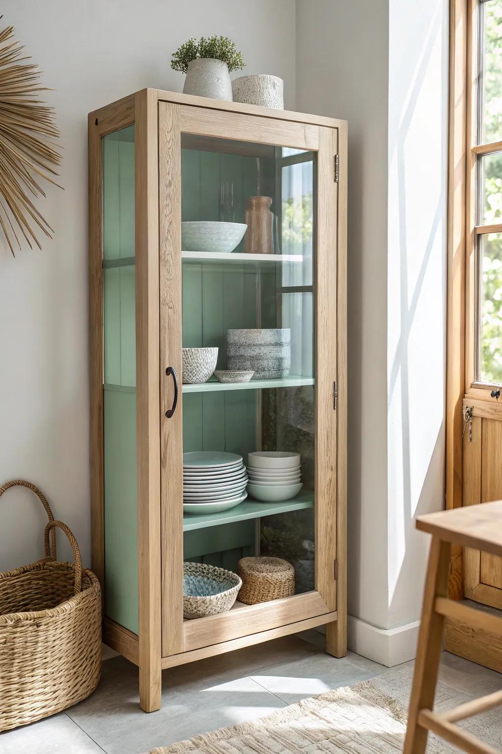 Open the door: a soft sage interior turns everyday dishes into a hidden design moment.