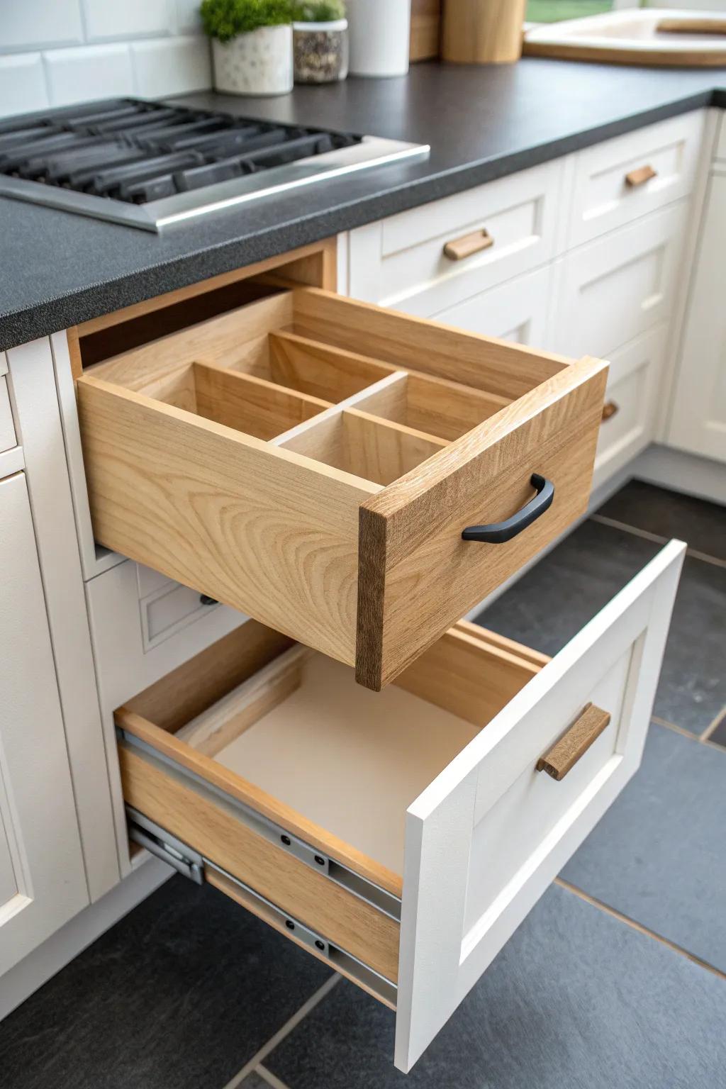 Lift-out wooden drawer caddy: carry one category to the counter in a single, tidy trip.