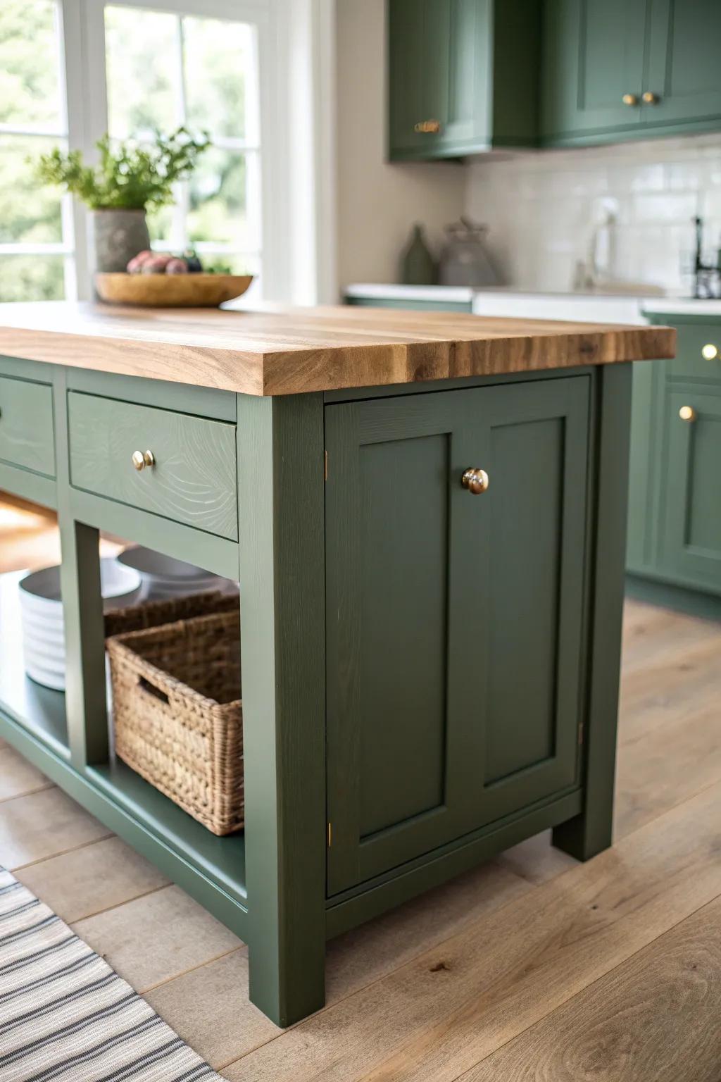 Two-tone greens: a darker island in the same family adds depth in a calm monochrome palette.