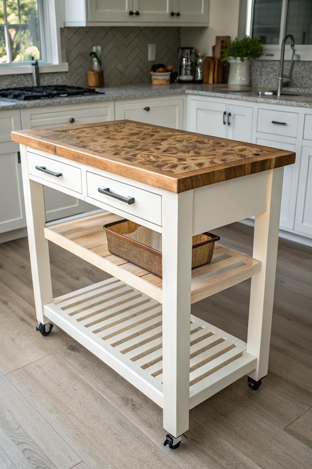 End‑grain mosaic butcher‑block top makes a wheeled kitchen island a functional showpiece.