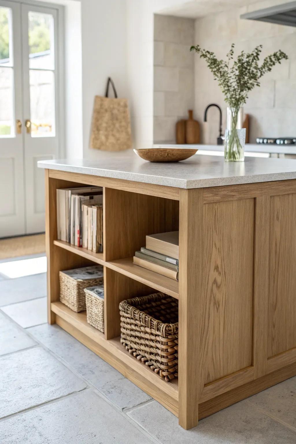 Kitchen island wrap with open end shelving—clean oak panels, cozy basket storage, airy style.