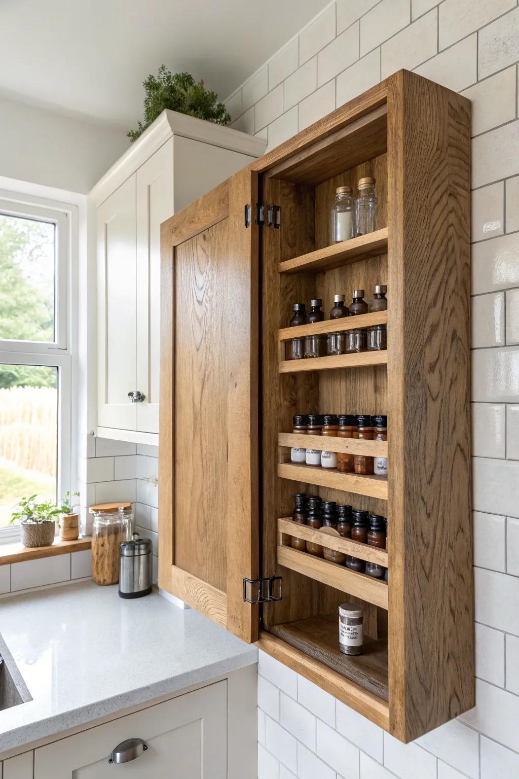 A reclaimed-wood wall panel that swings open to reveal hidden spice storage—clean and clever.