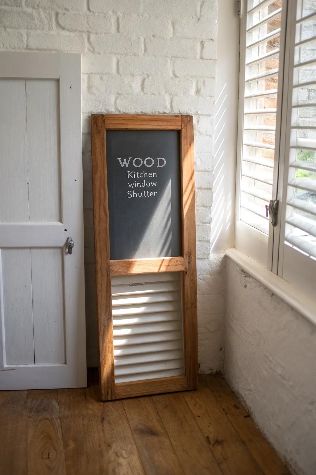 Minimal wooden shutter with a chalkboard panel—beautiful light control plus easy kitchen notes.