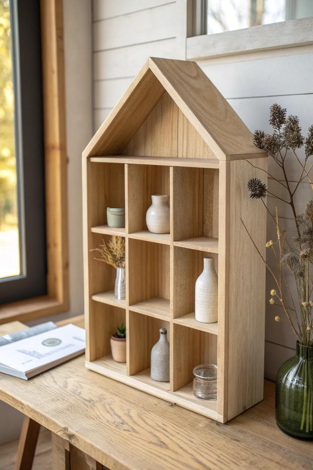 A house-shaped “rooms” shelf that turns tiny treasures into a calm, craft-forward display.