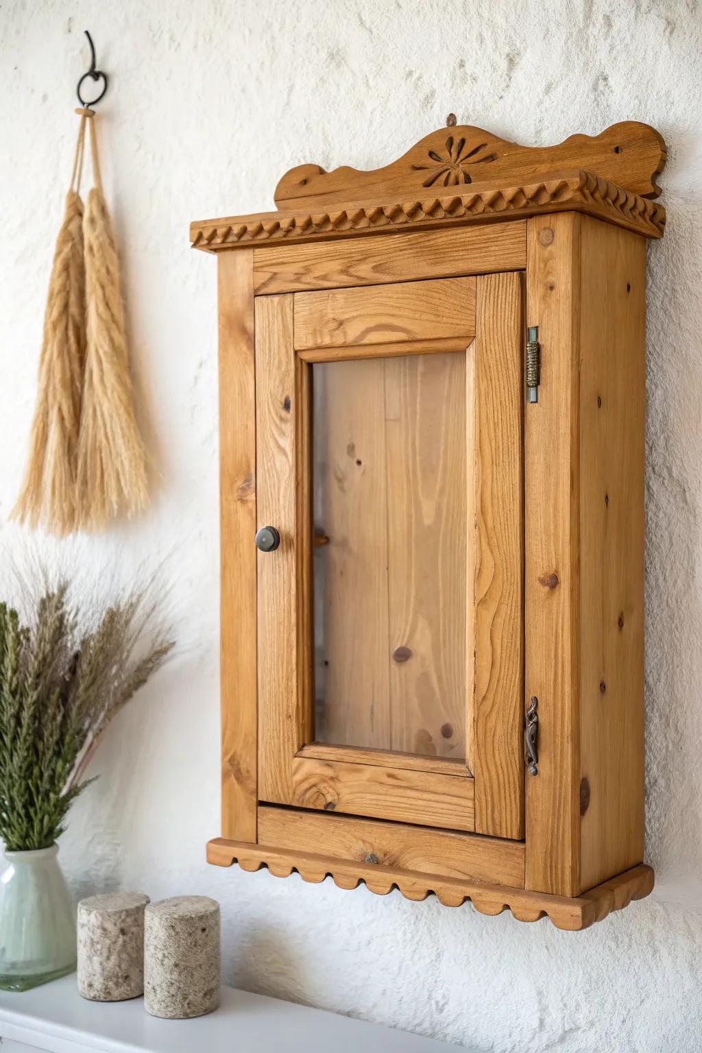 Vintage scalloped trim turns knotty pine into a charming, curated cabin-style bathroom detail.