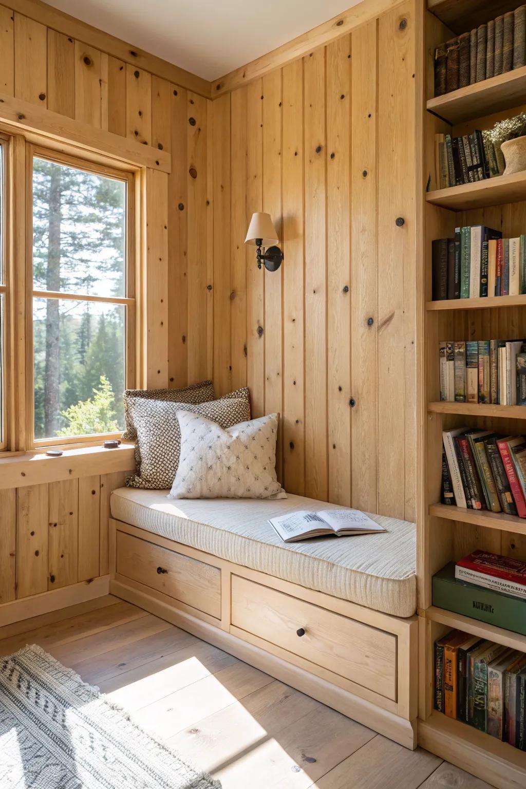 A bright built-in reading nook that hugs knotty pine paneling—cozy, simple, and handmade.