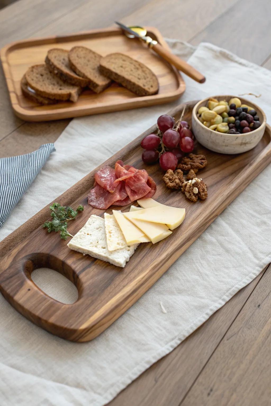 A large walnut charcuterie board with hidden grooves for tongs and a napkin nook.