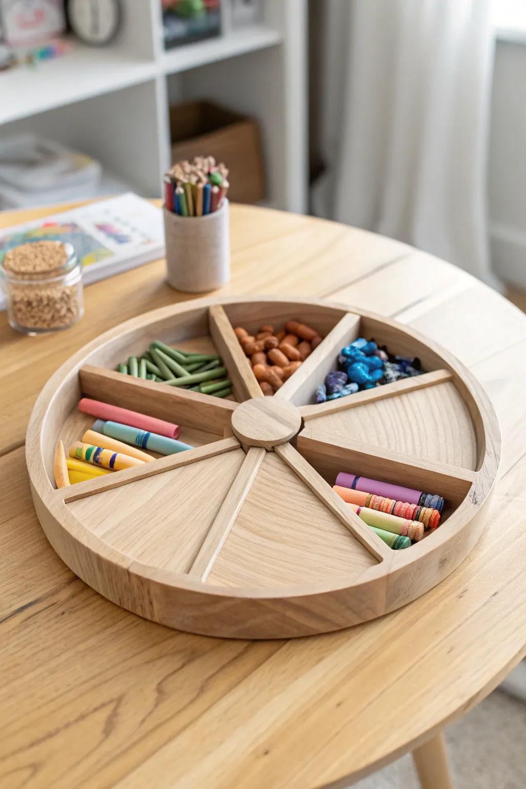 A smooth, divided wooden lazy Susan that turns crayons and markers into a tidy art buffet.