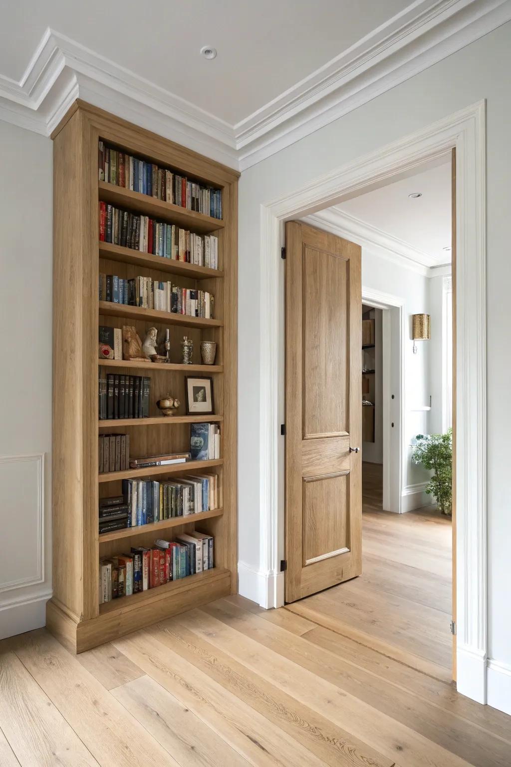 A seamless crown line turns this built-in bookcase into a hidden door—clean, crafted, convincing.