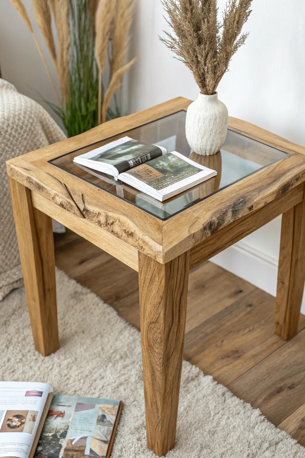A live edge end table with a flush glass “window” inset—crisp lines meet organic wood grain.