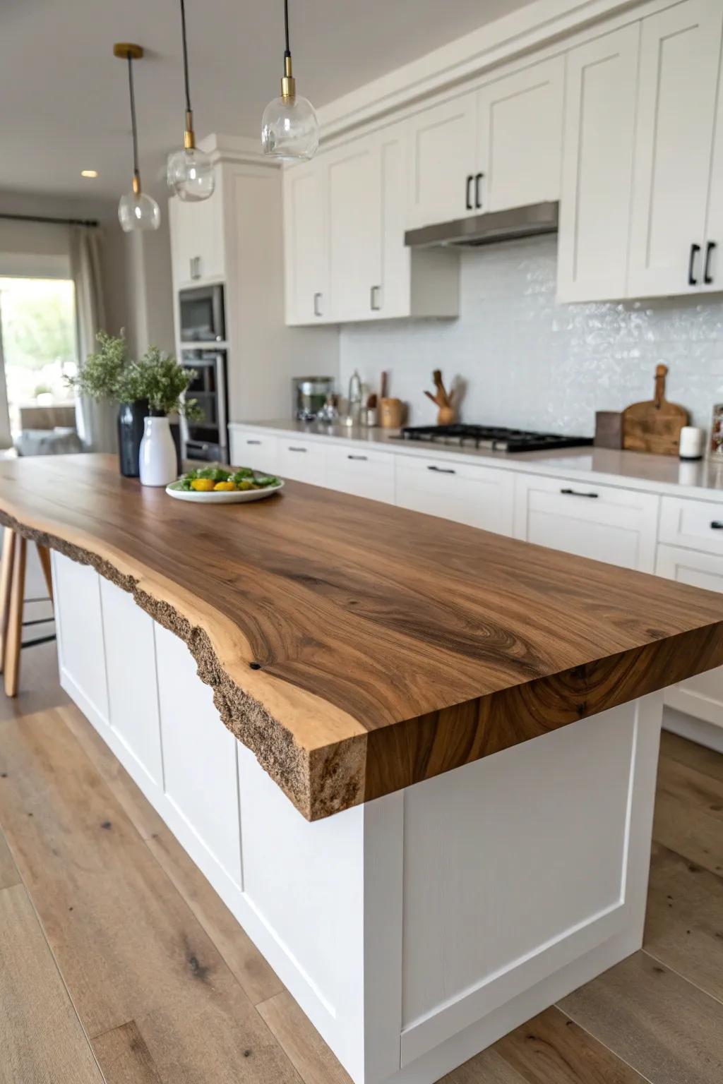 Split live-edge slabs with a glass “river” center—minimal, sculptural, and strikingly warm.