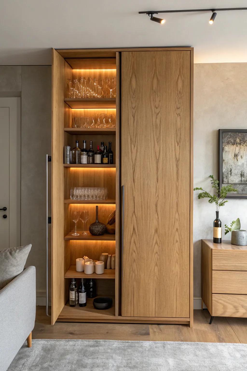 A hidden bar closet behind warm wood doors—soft lighting, glassware rack, and calm style.
