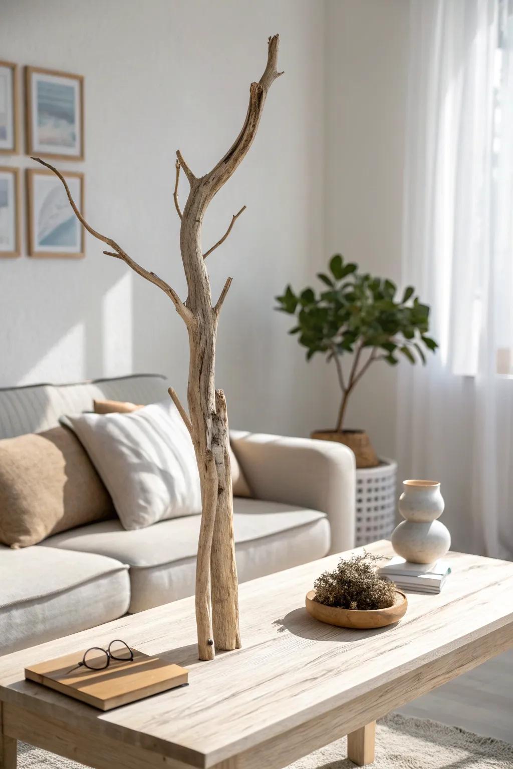 Driftwood sculpture centerpiece: minimal Scandinavian calm with a soft boho twist.