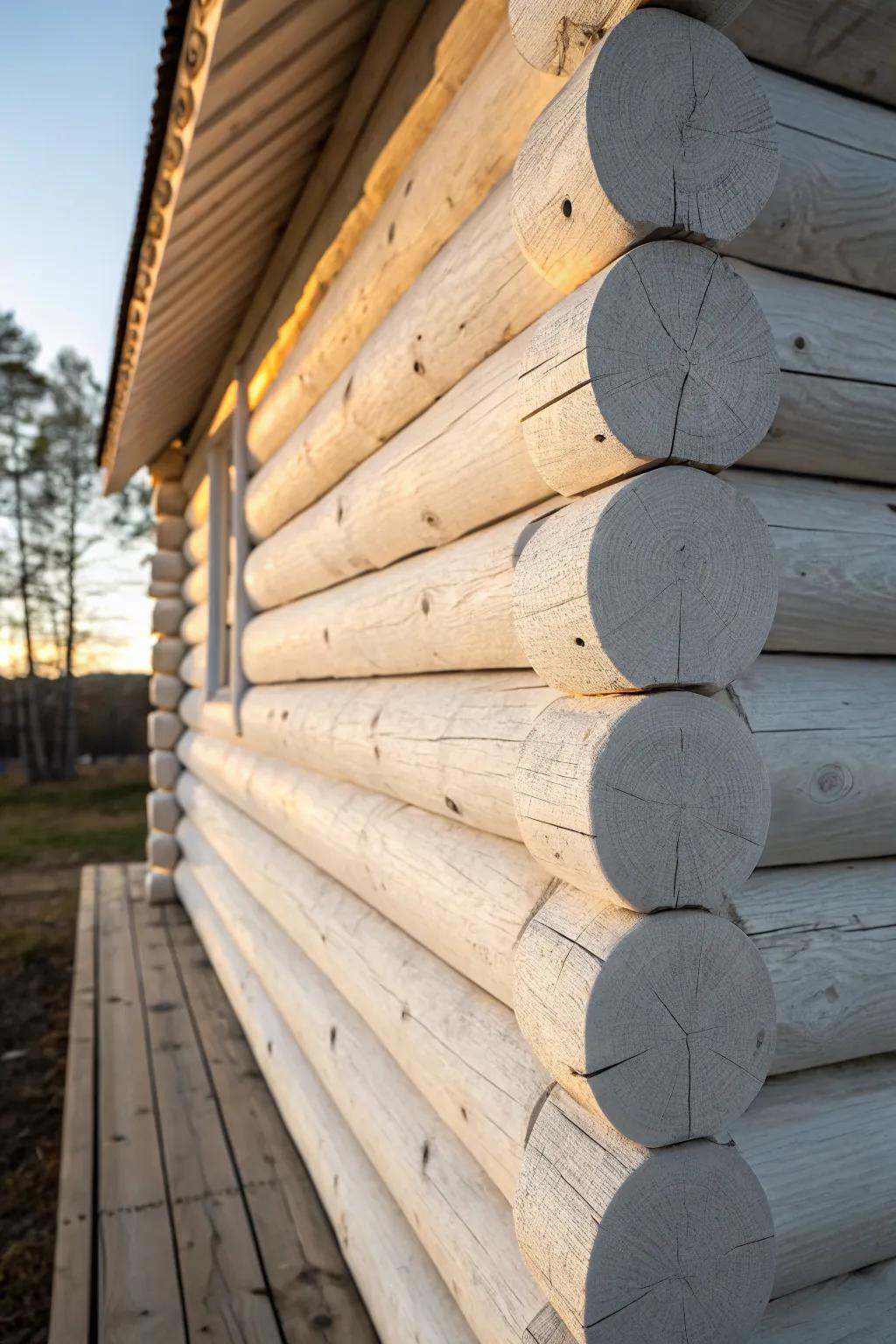 Whitewashed logs brighten the cabin while letting knots and grain tell the rustic story.