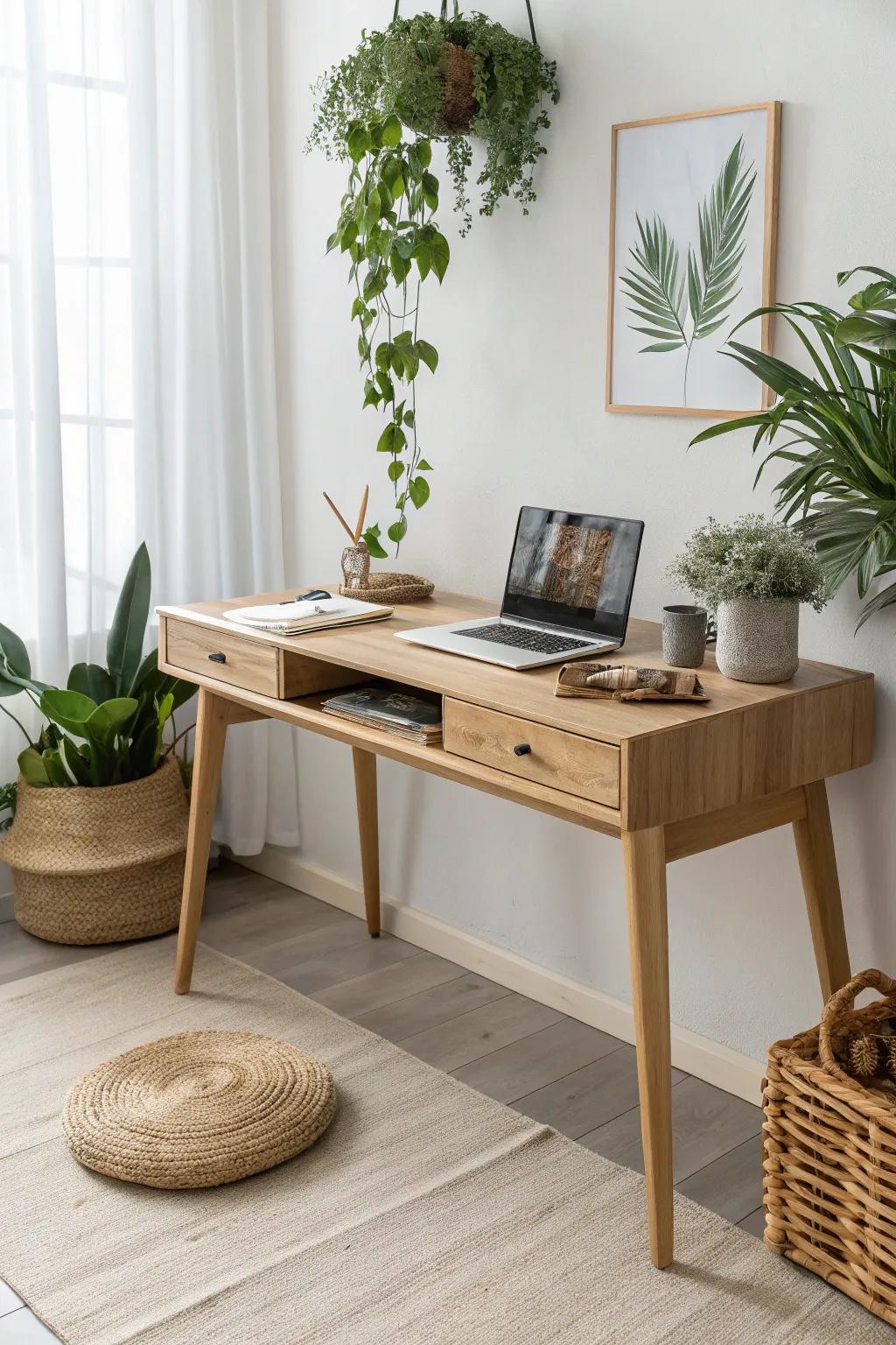 A long oak desk with a hidden planter trough—fresh greenery, clean lines, zero clutter.