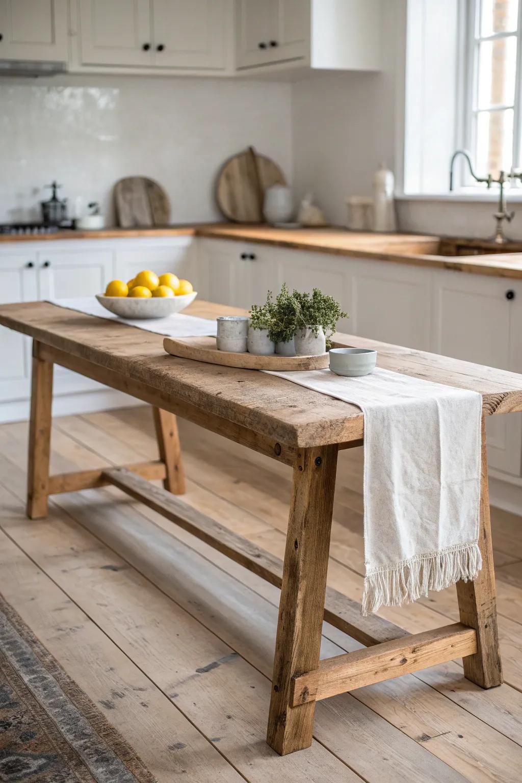A long salvaged-wood worktable island adds farmhouse soul to a clean, modern kitchen.