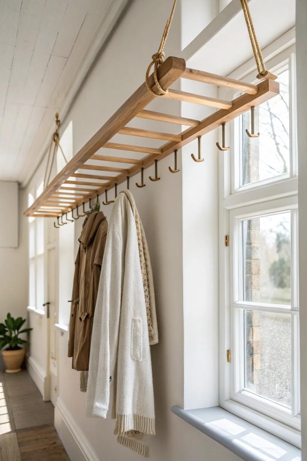 A ceiling-mounted wood drying lane keeps wet jackets off benches in a long, narrow mudroom.