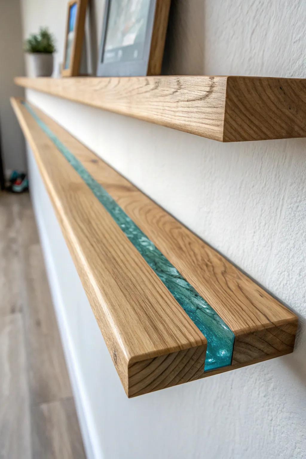 A long oak shelf with a glossy resin “river” inlay—minimal, bold, and beautifully handmade.