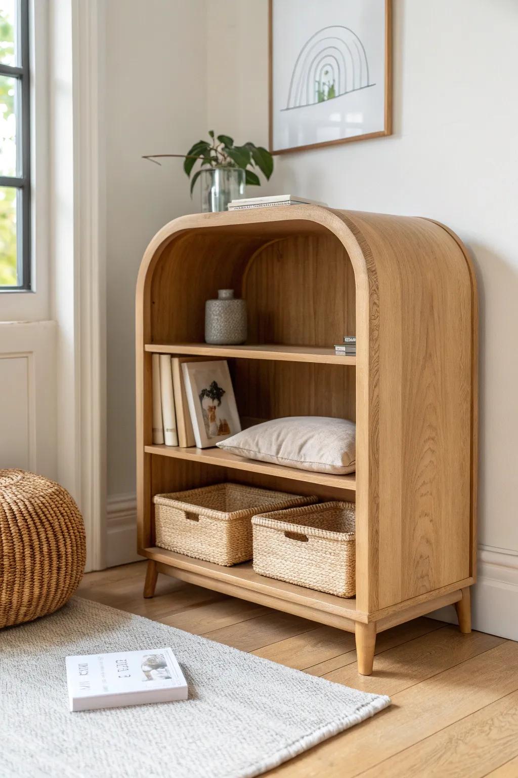 A low oak bookshelf with a sweet built-in pet nook—minimal storage meets cozy snuggle space.