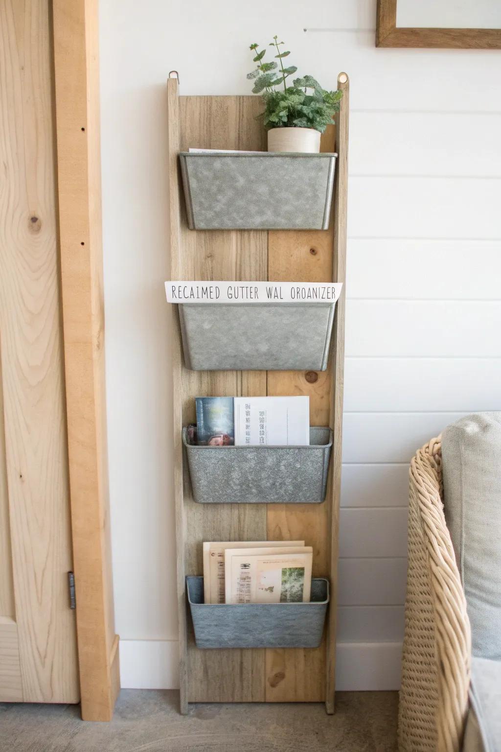Reclaimed gutters turned into sleek wall pockets—industrial charm with clean Scandinavian calm.