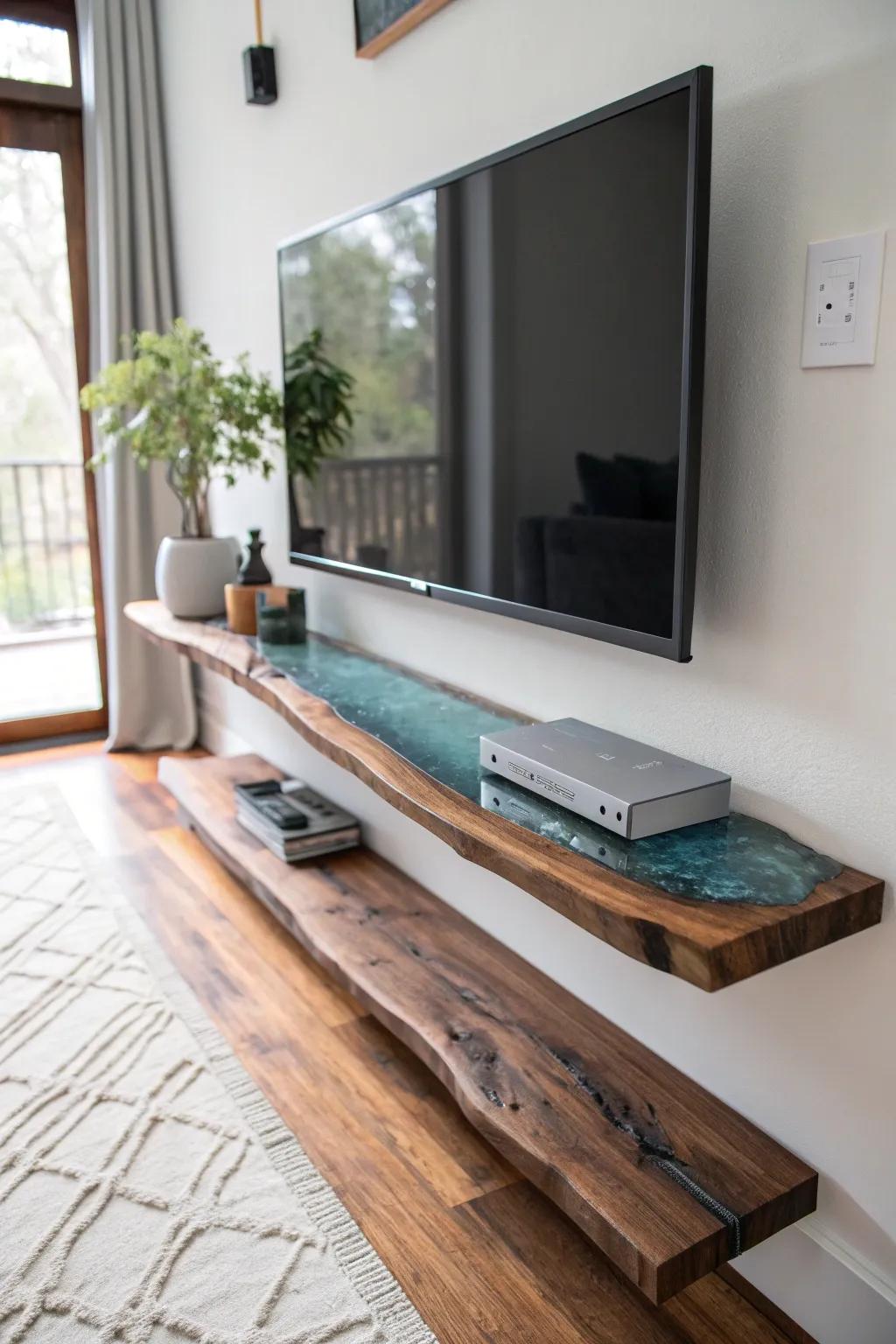 Live-edge walnut river shelf—minimal, sculptural, and made to steal the spotlight under your TV.