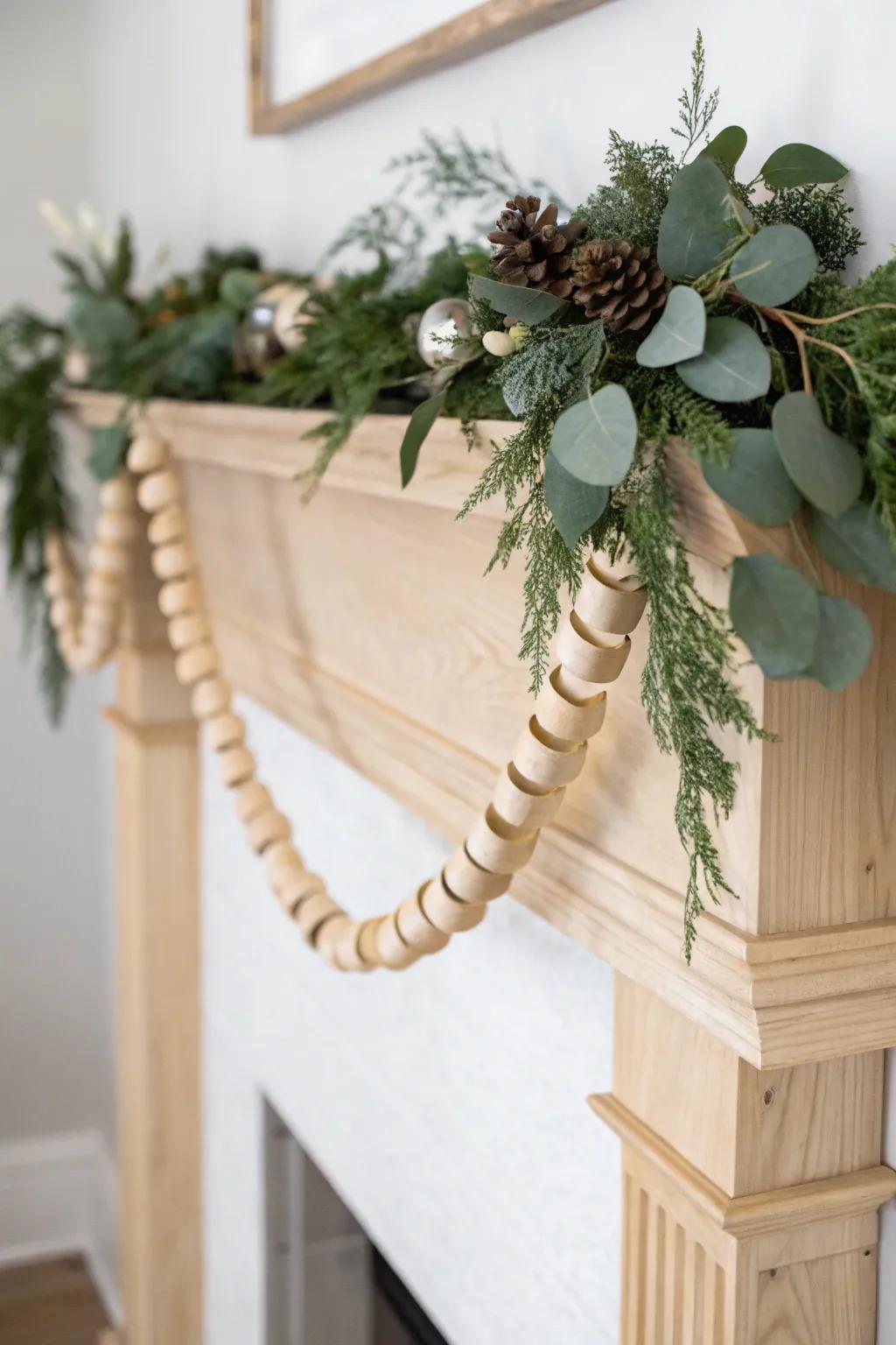 A maker’s mantle garland: eucalyptus and evergreen threaded with ribbon-like wood shavings.