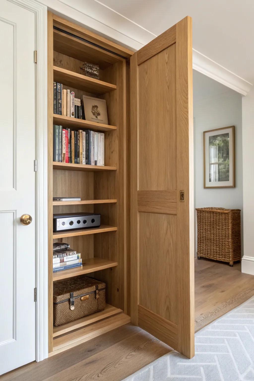 A swinging bookcase door reveals a secret storage nook—sleek, warm, and unforgettable.