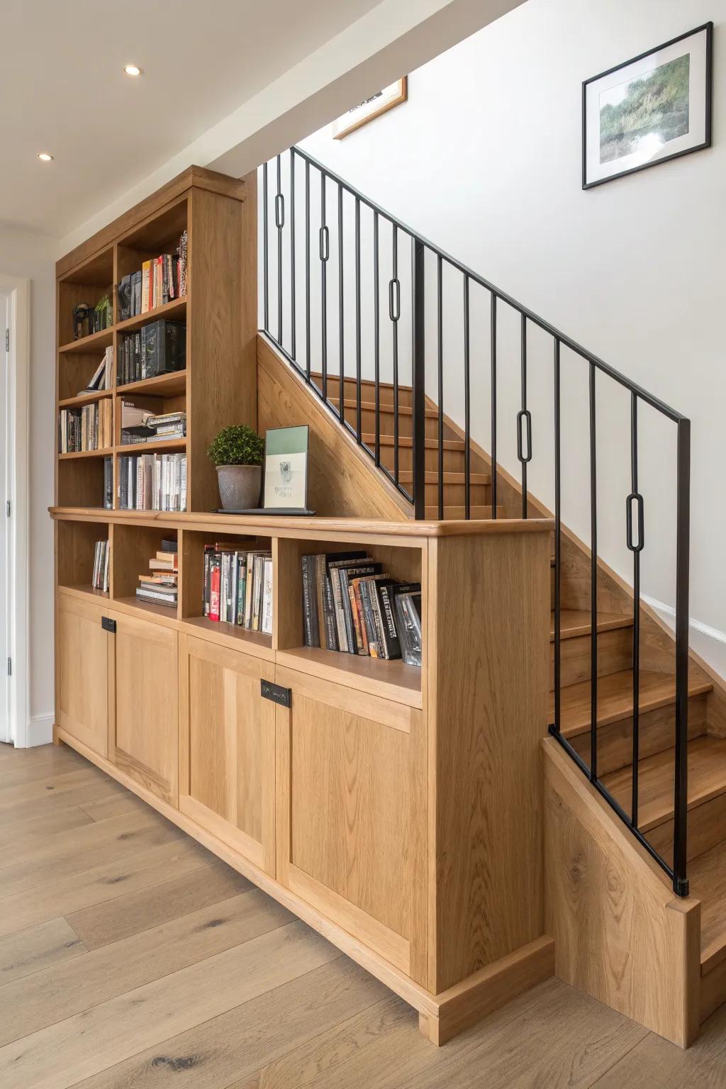 Mezzanine railing meets built-in bookcase—hidden storage, warm oak grain, and sleek safety.