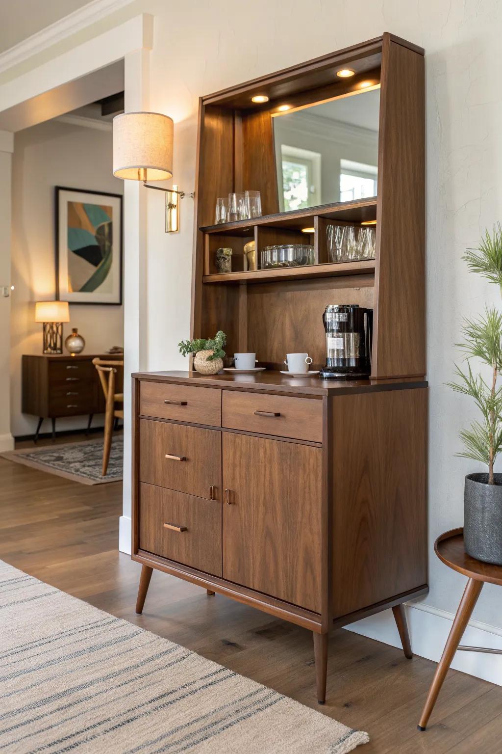A hidden mirror backsplash doubles the light—instant mid-century cafe glow for your coffee bar.