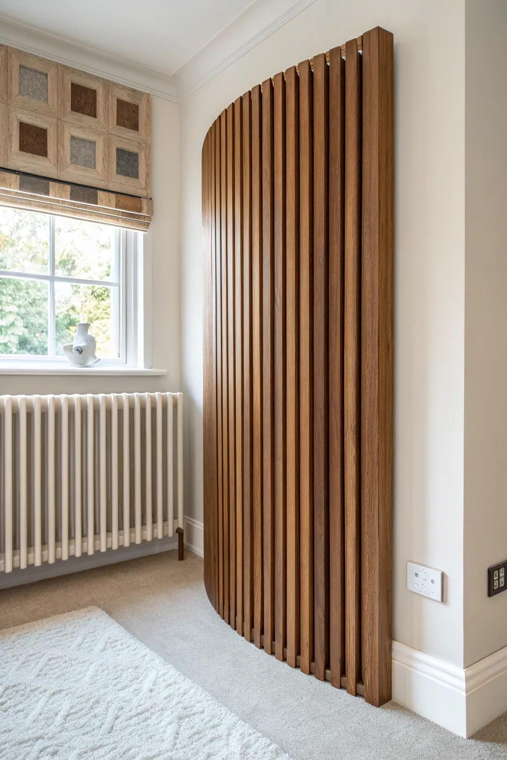 Curved wood slat wall in warm walnut—an instant mid‑century statement behind the crib.