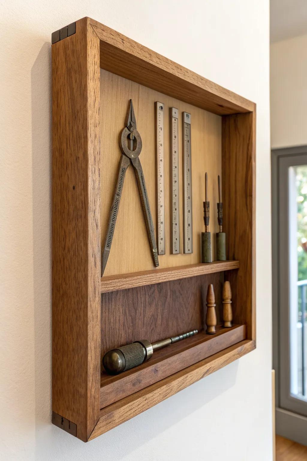 Mid-century shadowbox art: warm stained wood framing vintage tools like modern sculpture.