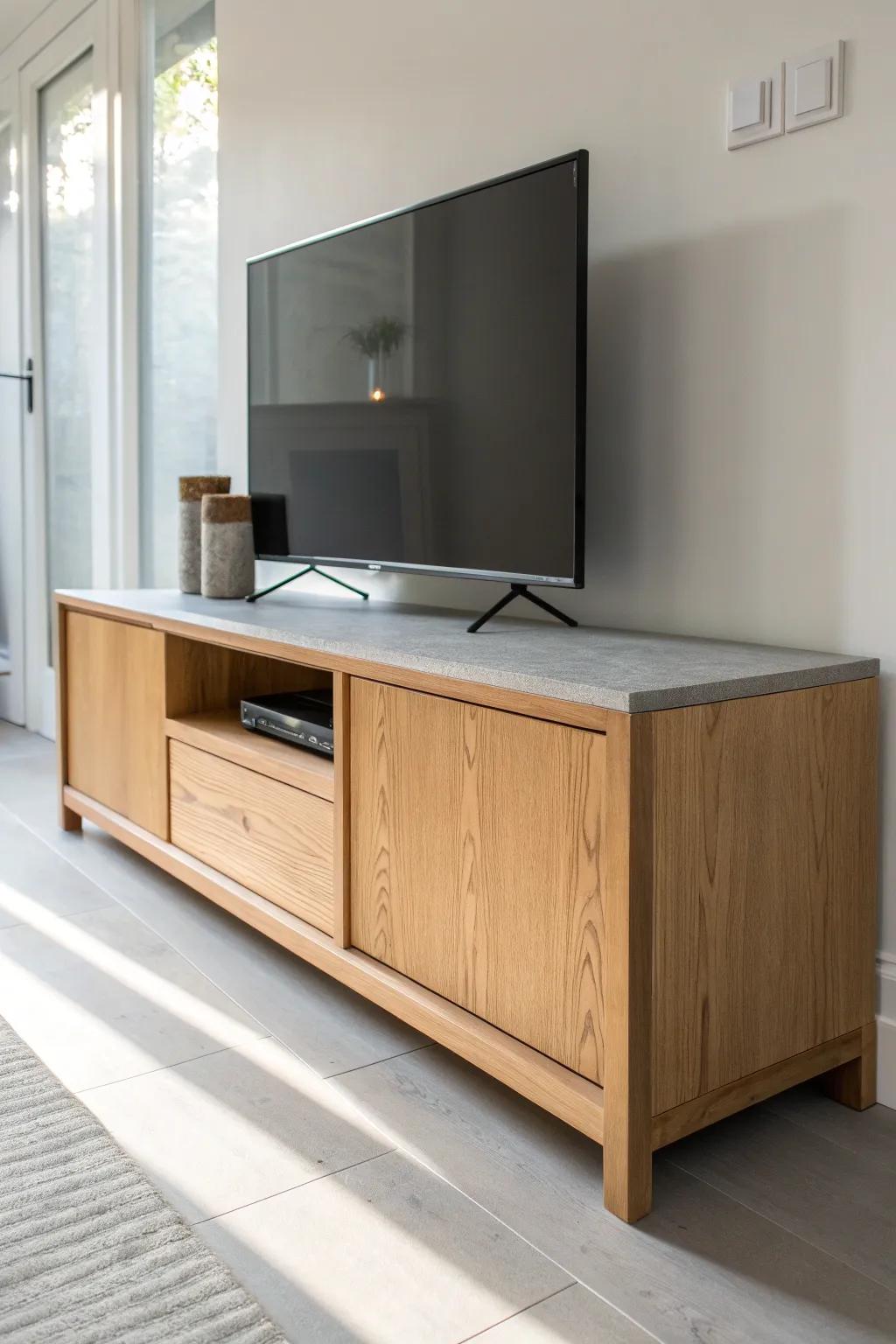 Wood + concrete minimalist TV stand: clean lines, warm grain, modern grounded contrast.