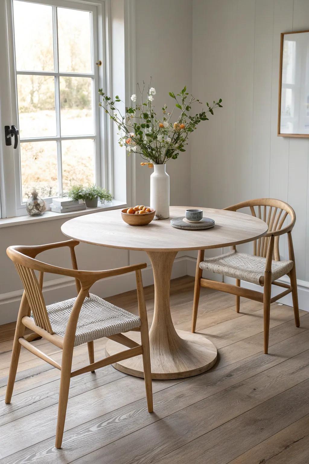 Alternate two chair styles with matching height and finish for a playful, polished round table.