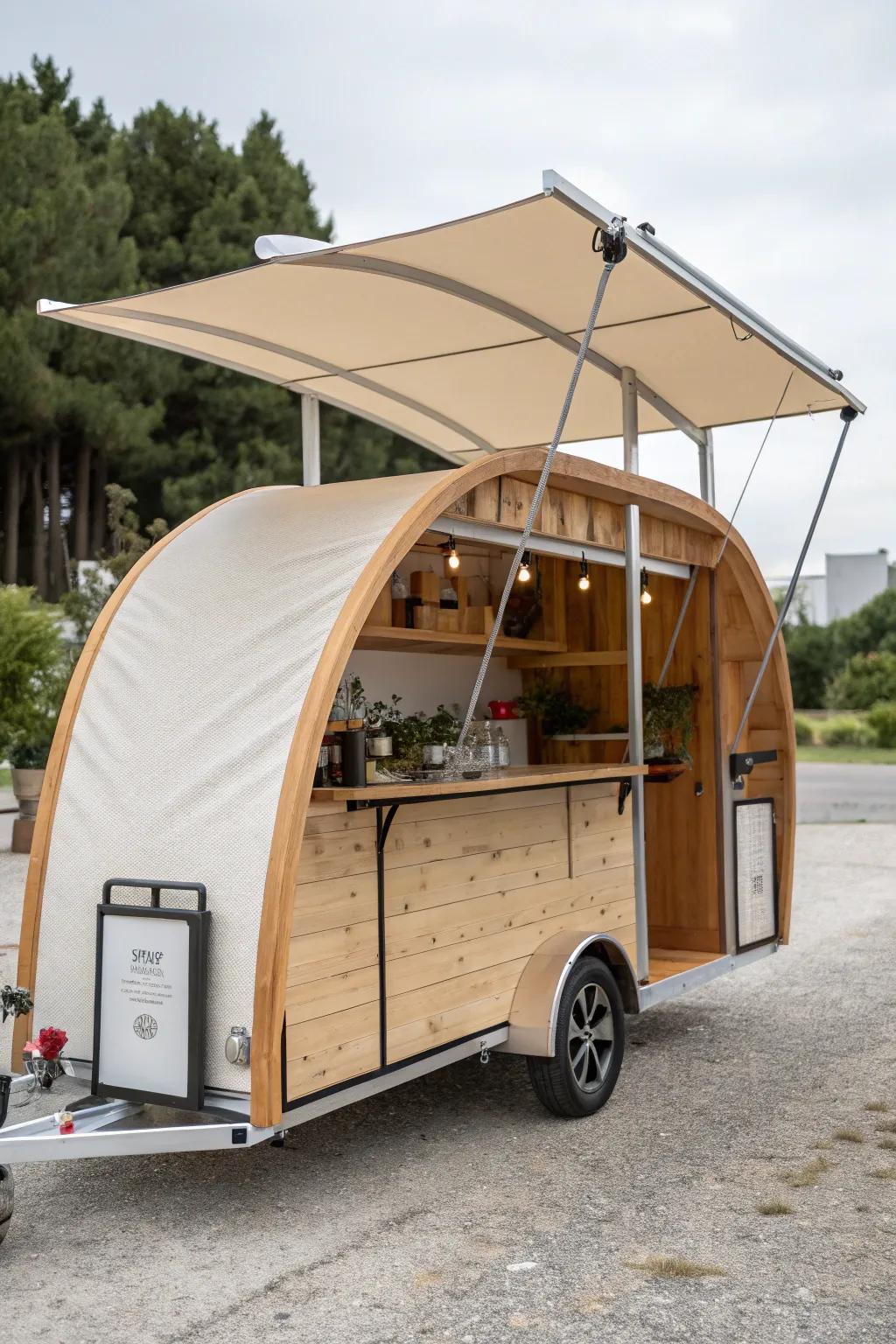 Bent-wood bows + canvas pop-up canopy: a shady, pack-flat bar trailer upgrade in minutes.