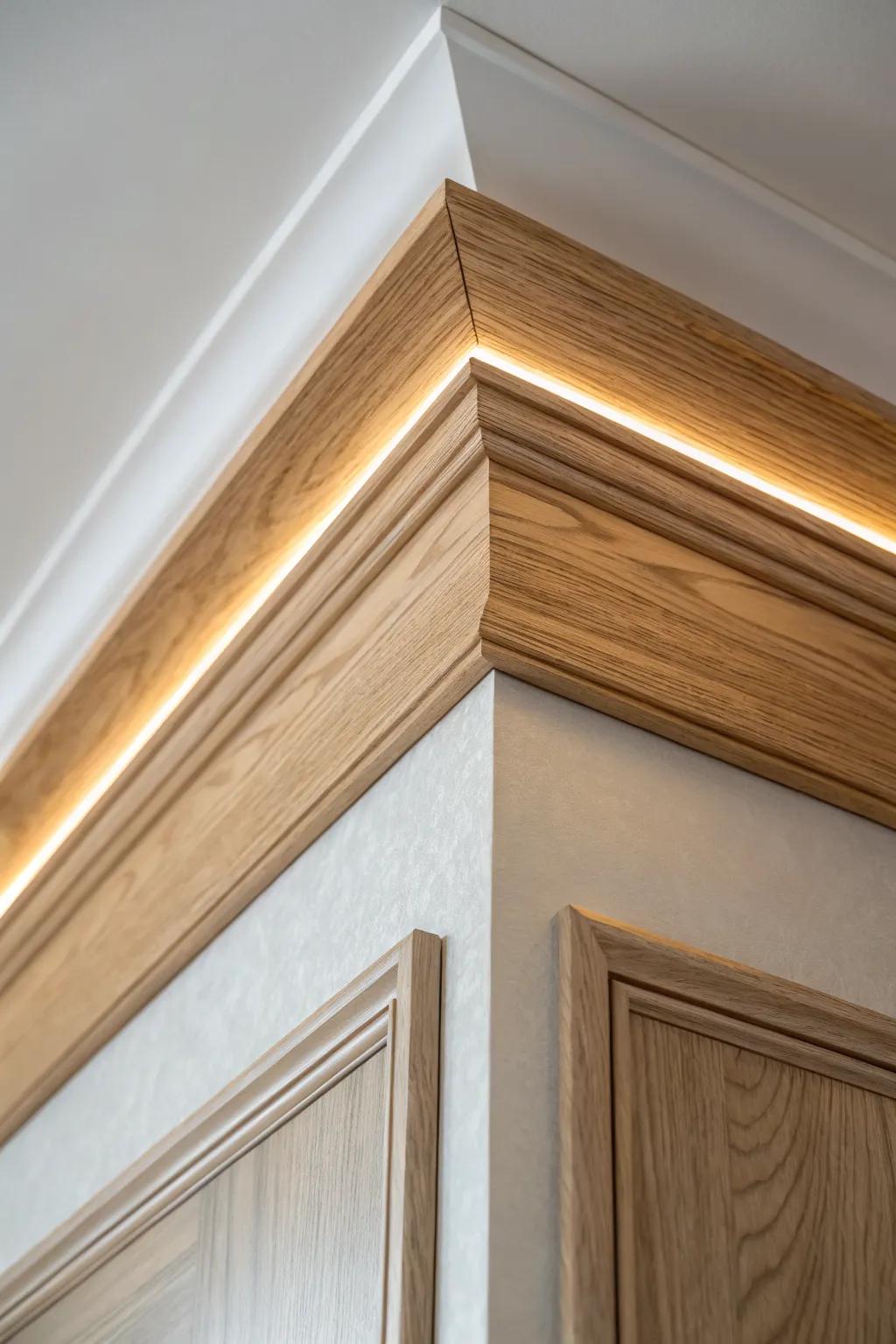 Hidden LED behind crown molding for a soft, hotel-like glow—simple trim upgrade for mobile homes.
