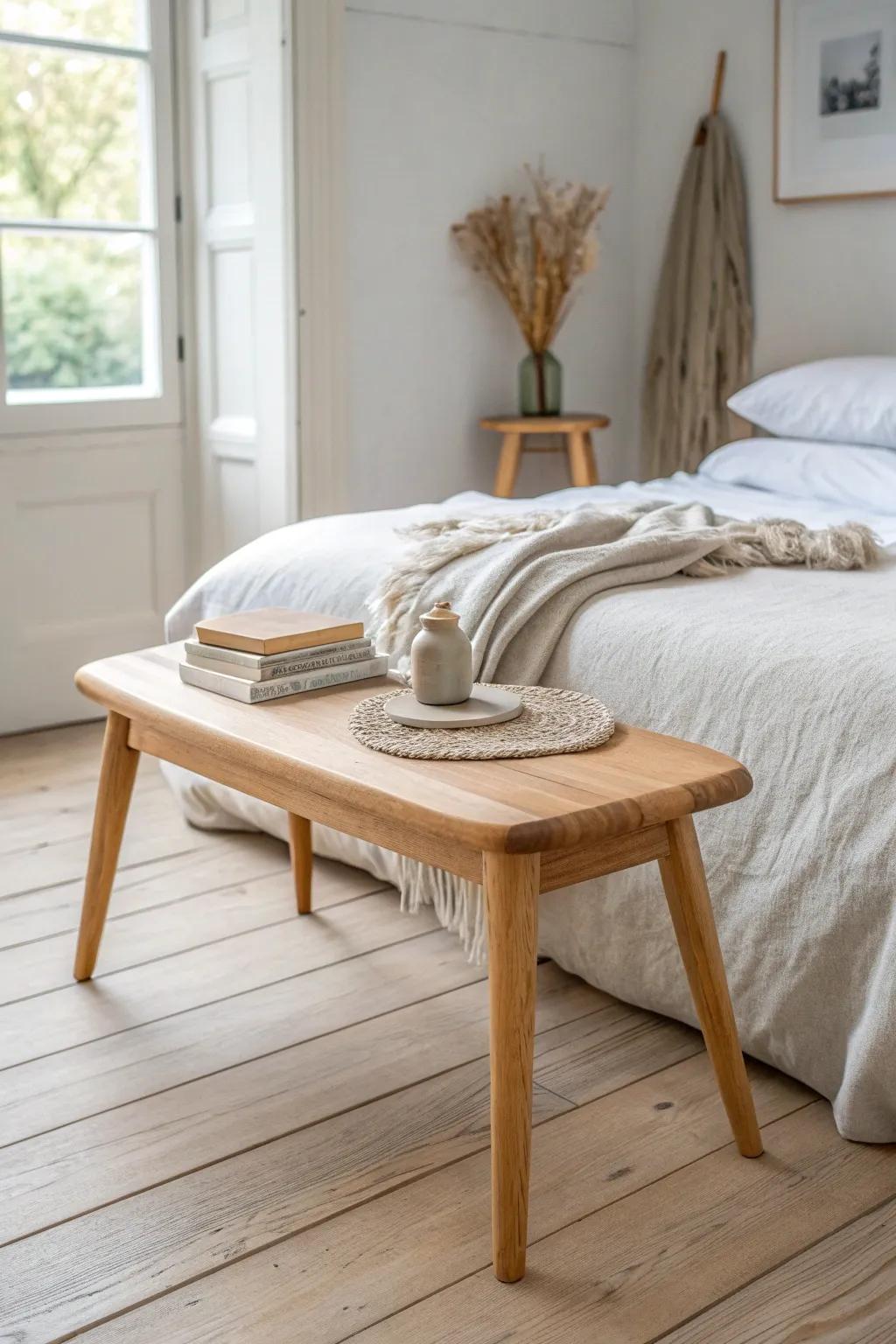 A modern twist: two mini benches feel balanced, flexible, and beautifully intentional.